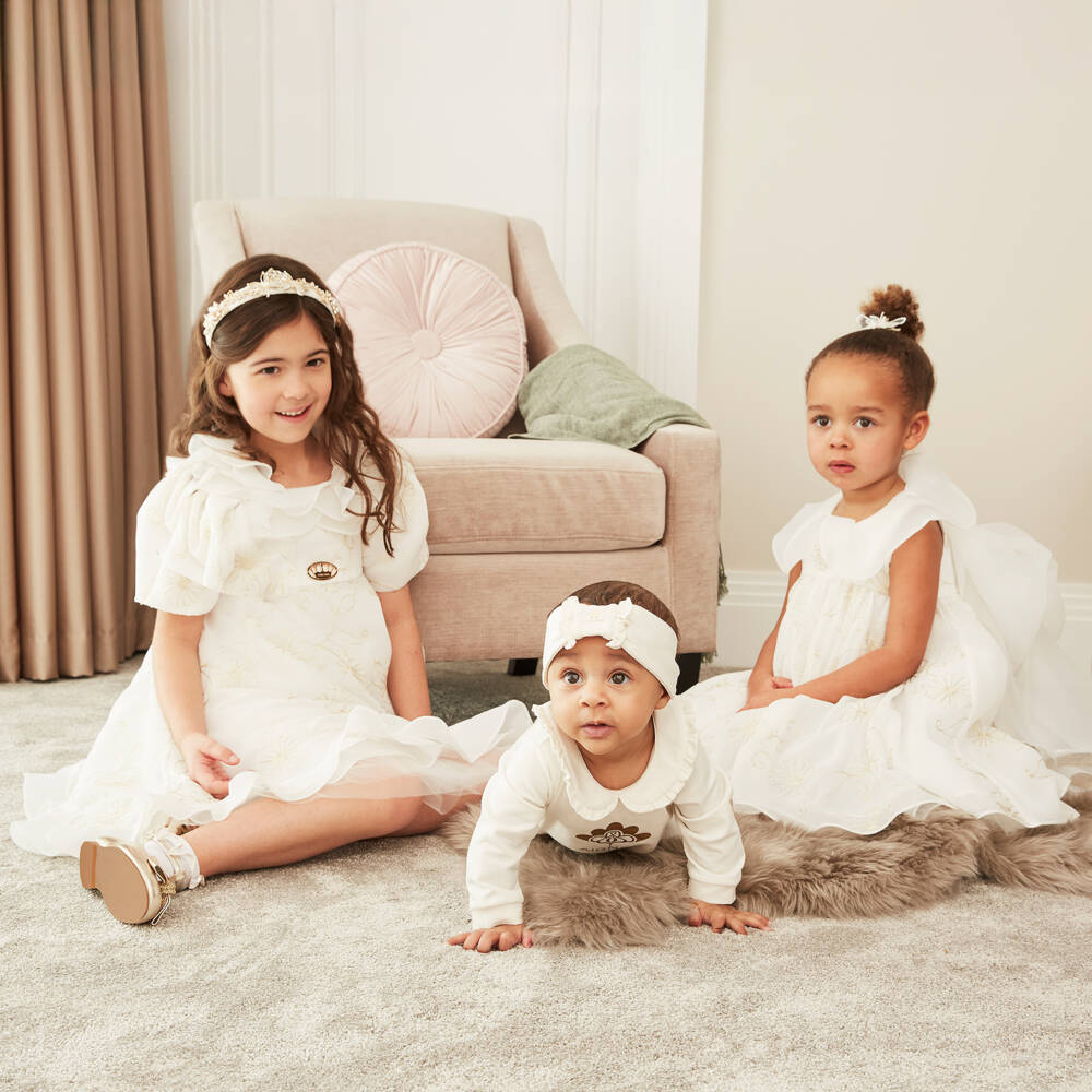 Junona-Girls White Chiffon Embroidered Dress | Childrensalon