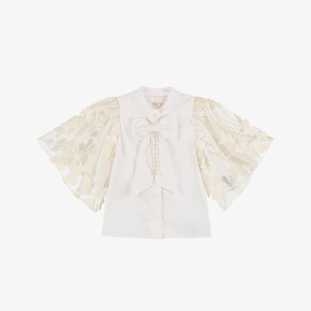 Junona-Girls White Cotton Blouse with Golden Tulle Sleeves | Childrensalon