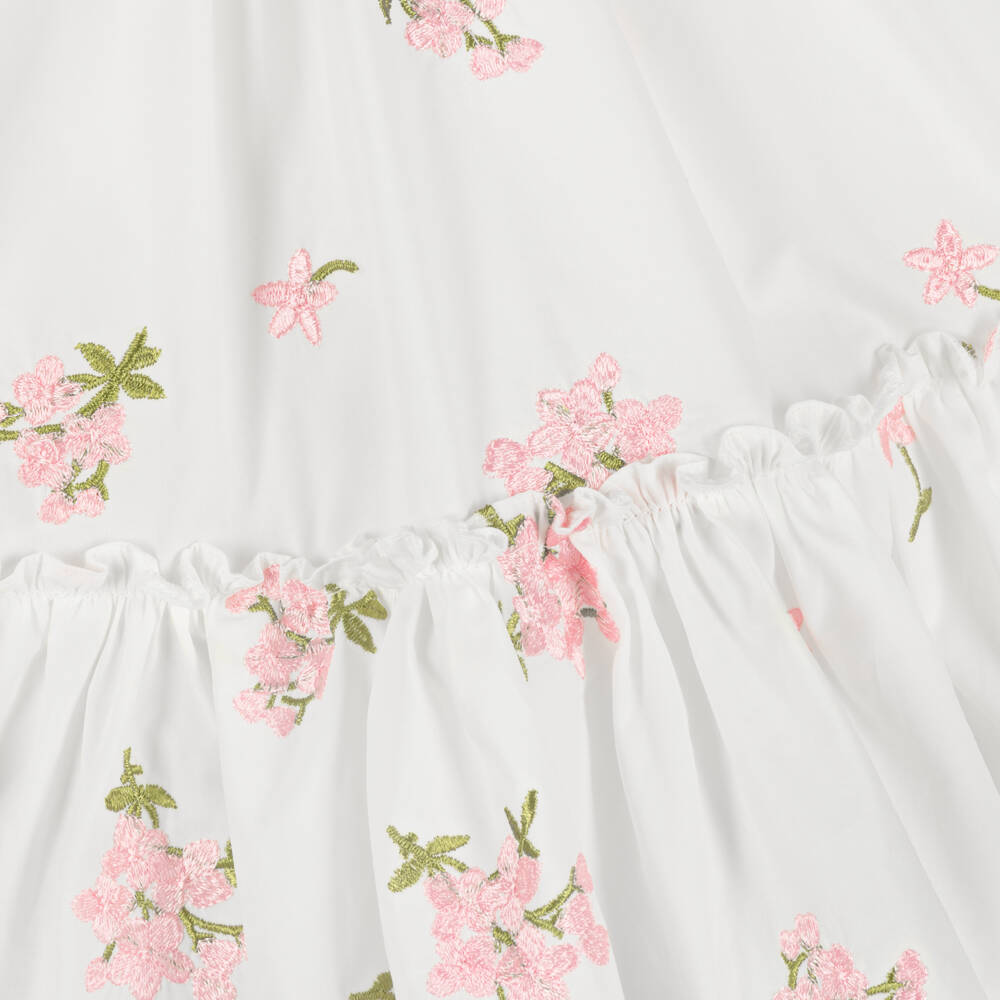 Junona-Girls White Cotton Dress with Pink Floral Embroidery | Childrensalon