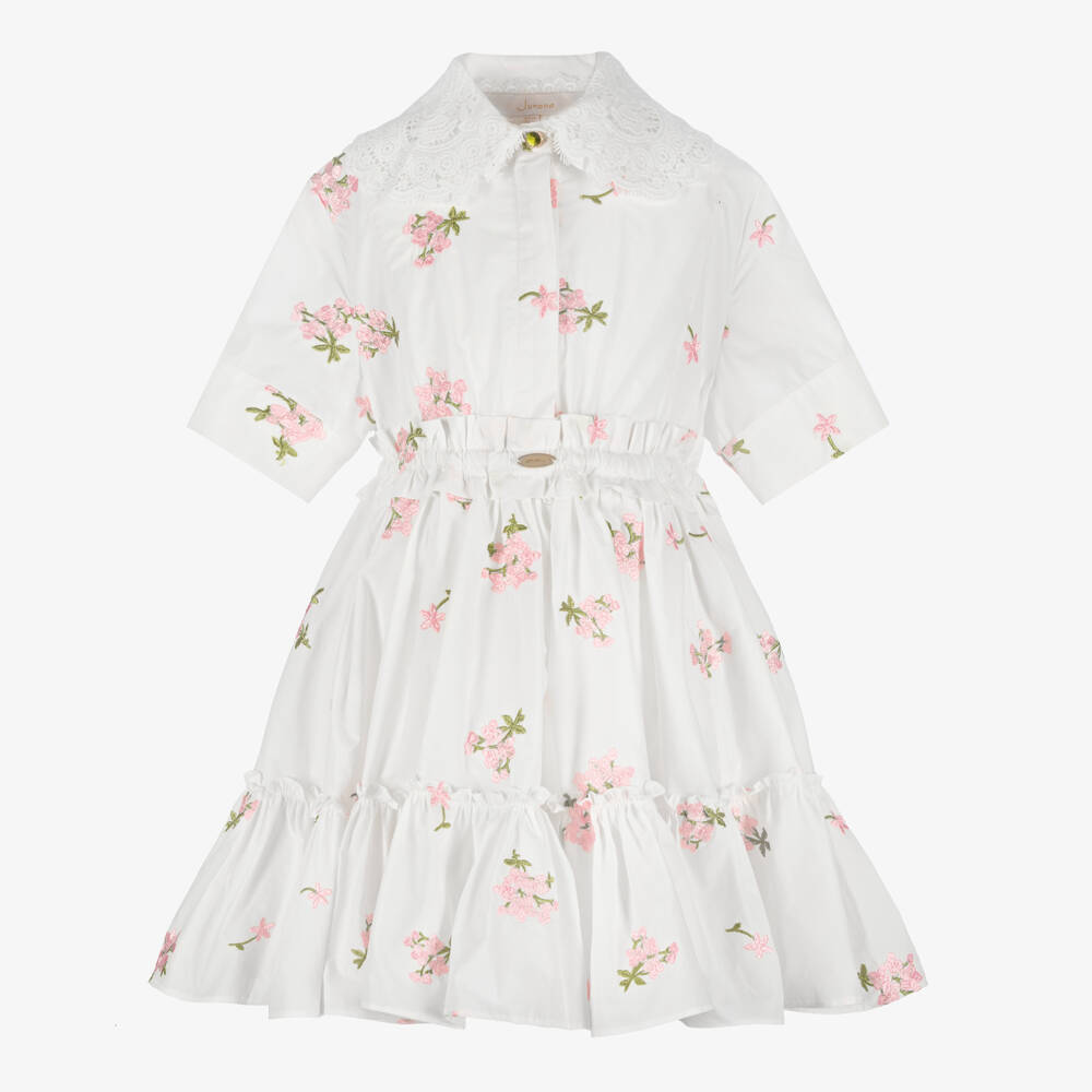 Junona-فستان قطن بتطريز ورود لون أبيض للبنات | Childrensalon