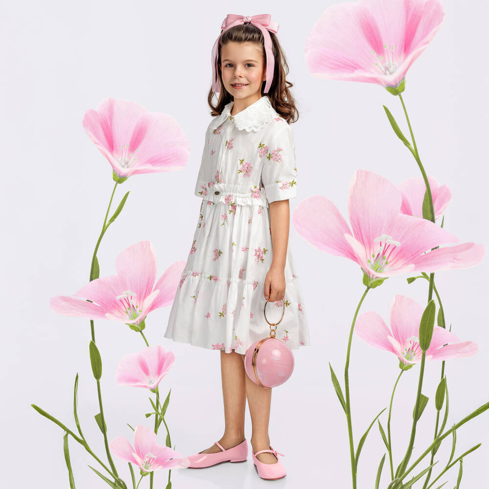 Junona-Girls White Cotton Dress with Pink Floral Embroidery | Childrensalon