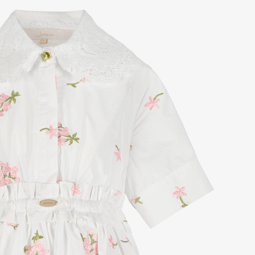 Junona-Girls White Cotton Dress with Pink Floral Embroidery | Childrensalon
