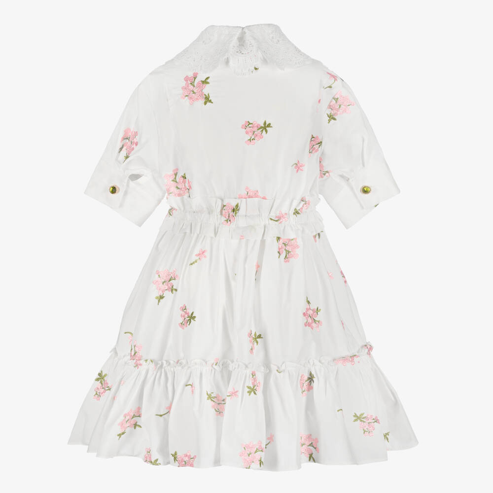 Junona-Girls White Cotton Dress with Pink Floral Embroidery | Childrensalon