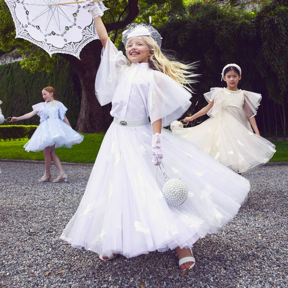 Junona-Блузка белая хлопковая из тюля с перьями для девочек | Childrensalon