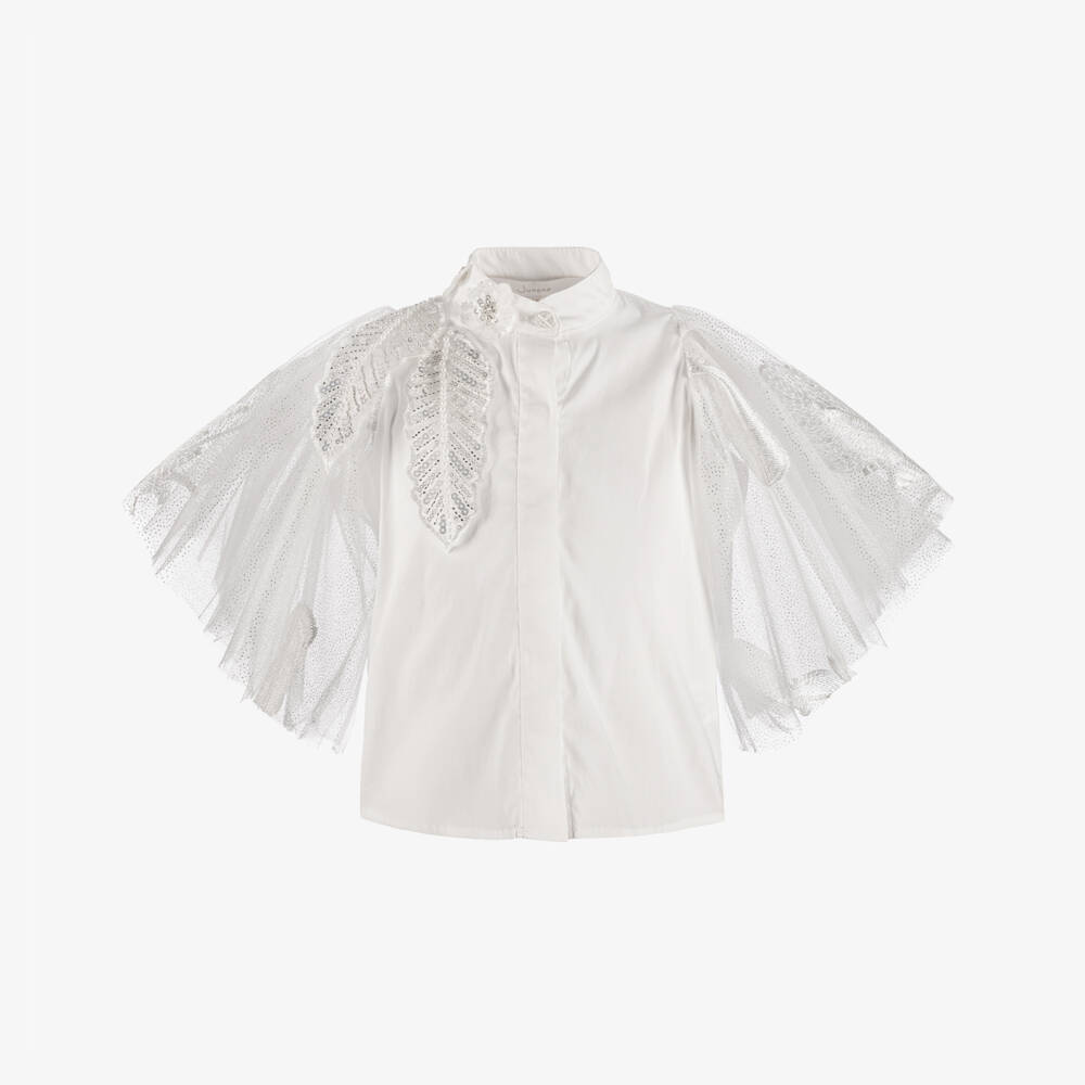 Junona-Girls White Cotton & Tulle Blouse with Feather Motifs | Childrensalon