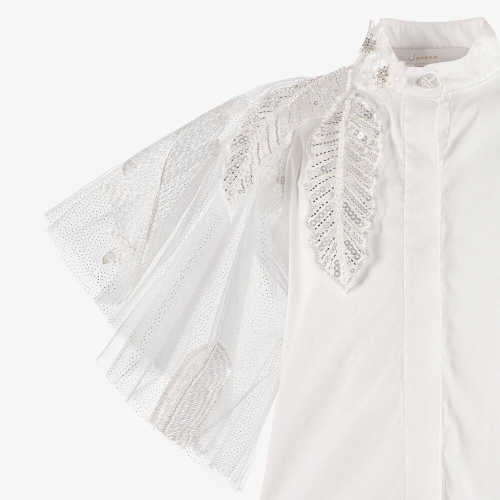 Junona-Girls White Cotton & Tulle Blouse with Feather Motifs | Childrensalon