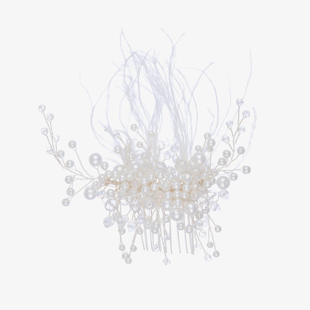 Junona-Girls White Crystal Bead & Feather Hair Comb | Childrensalon