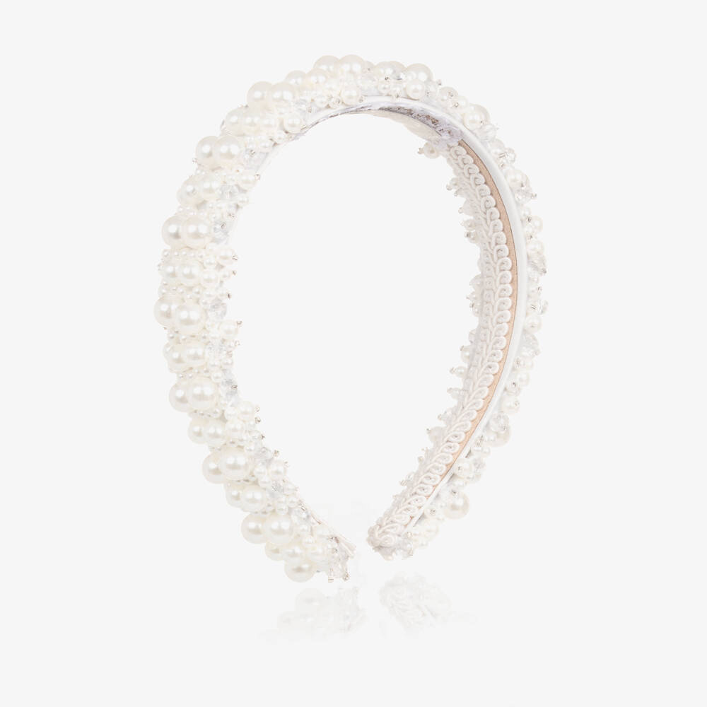 Junona-Girls White Faux Pearl & Beaded Hairband | Childrensalon