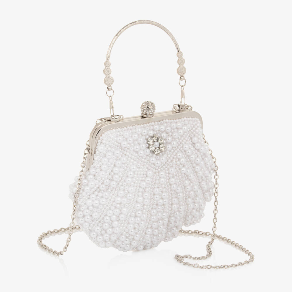 Junona-Girls White Faux Pearl Embellished Bag (20cm) | Childrensalon
