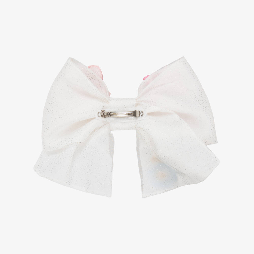 Junona-Girls White Floral Tulle Bow Hair Clip (23cm) | Childrensalon