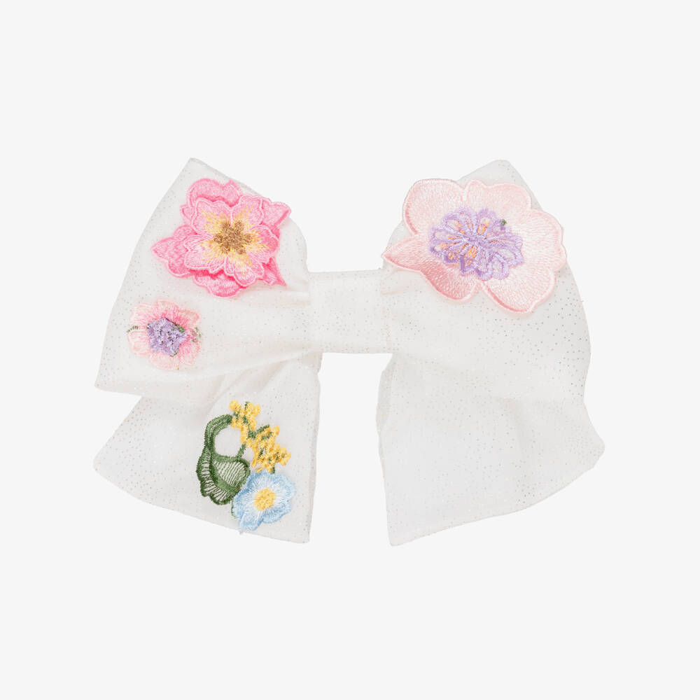 Junona-Girls White Floral Tulle Bow Hair Clip (23cm) | Childrensalon