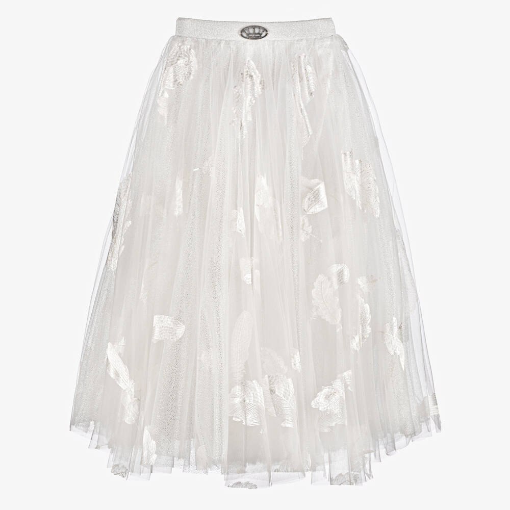 Junona-Girls White Glittery Tulle Maxi Skirt with Feather Motifs | Childrensalon
