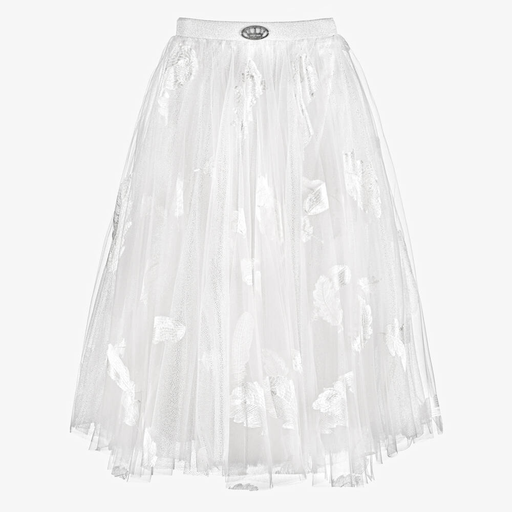 Junona-Girls White Glittery Tulle Maxi Skirt with Feather Motifs | Childrensalon