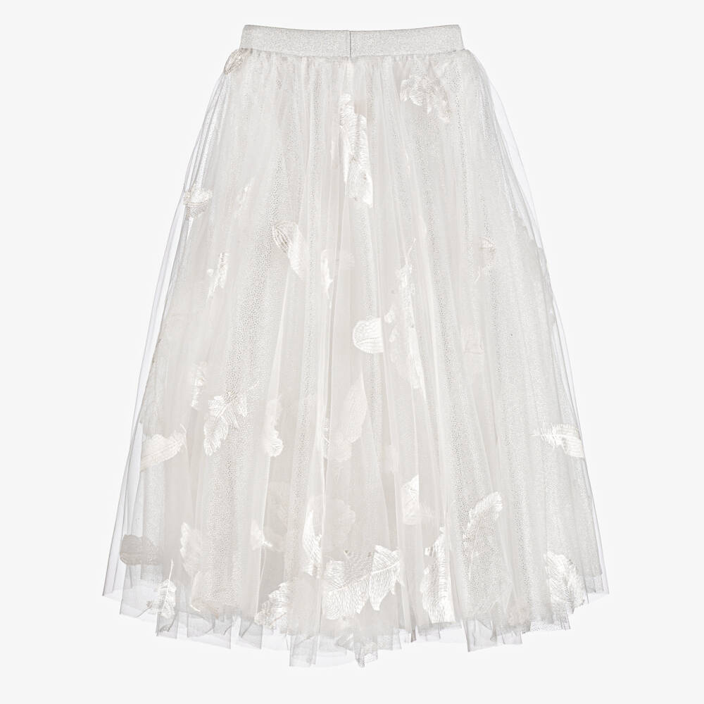 Junona-Girls White Glittery Tulle Maxi Skirt with Feather Motifs | Childrensalon