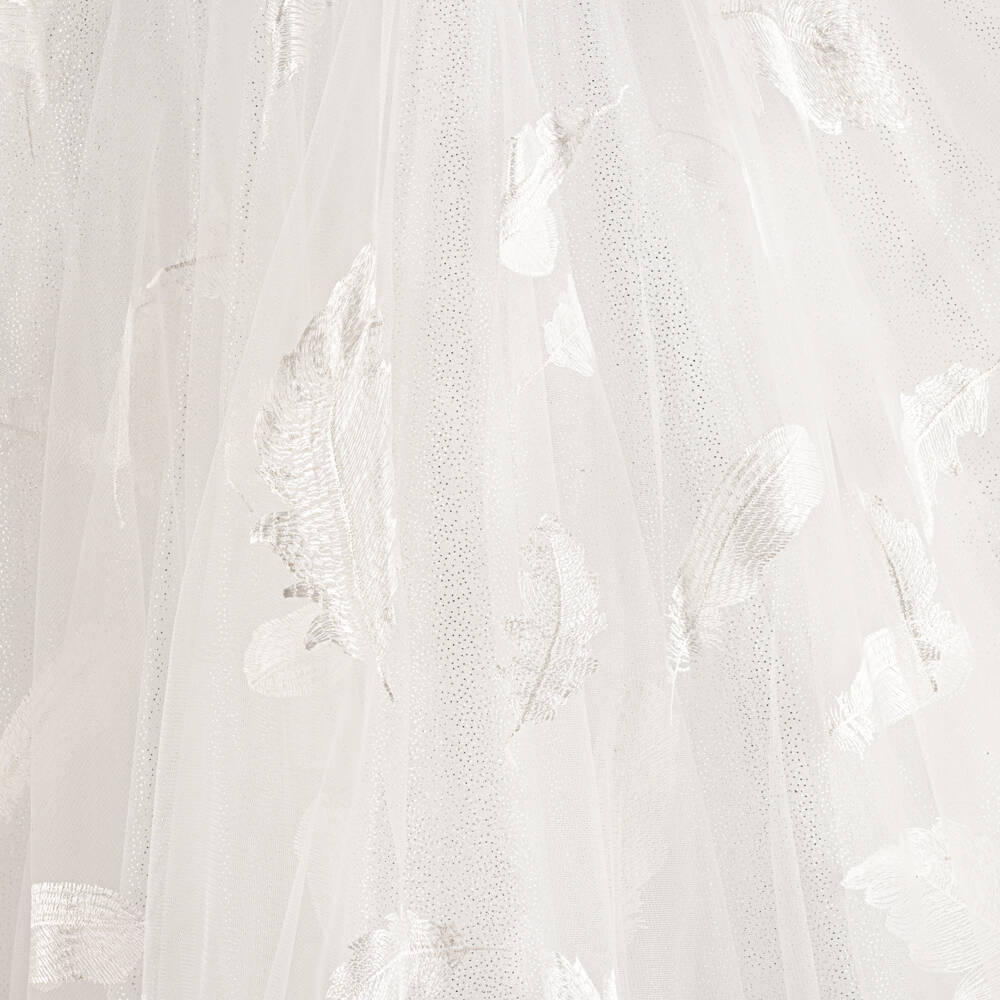 Junona-Girls White Glittery Tulle Maxi Skirt with Feather Motifs | Childrensalon