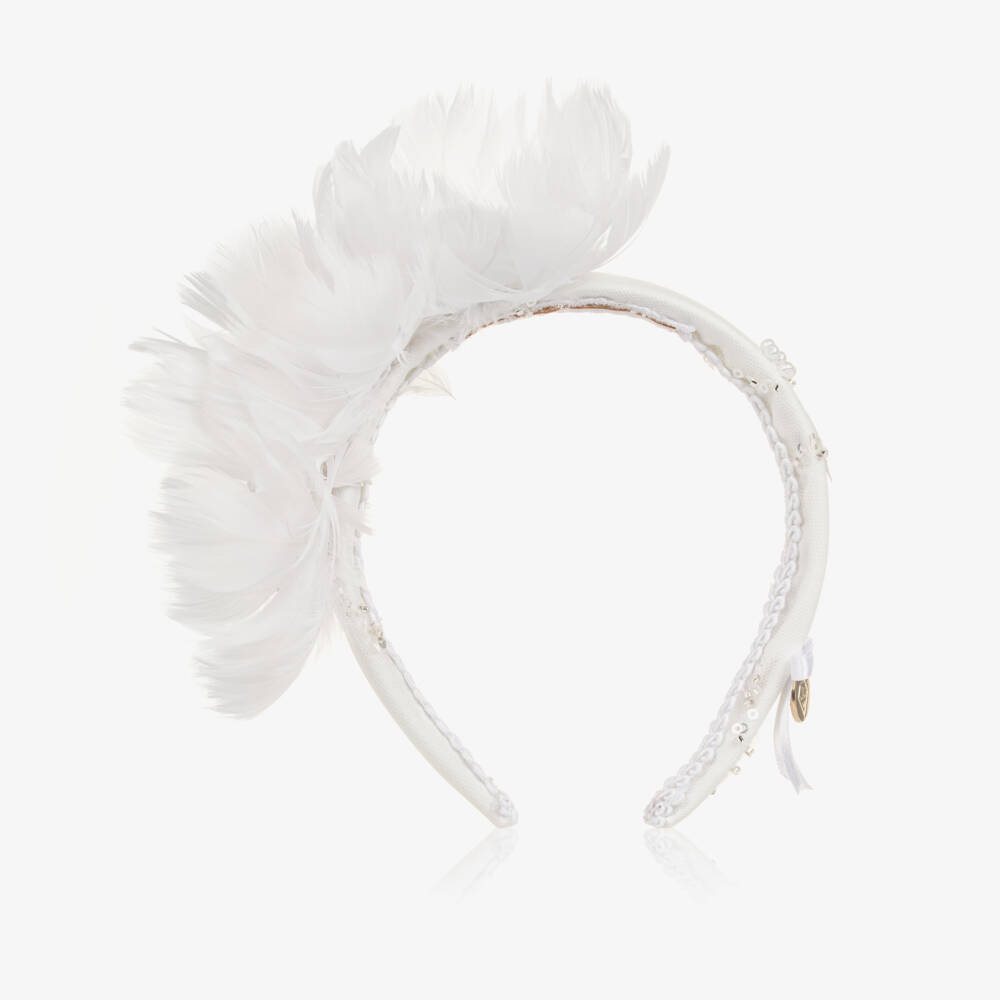 Junona-Girls White Hairband with Feather Flowers | Childrensalon