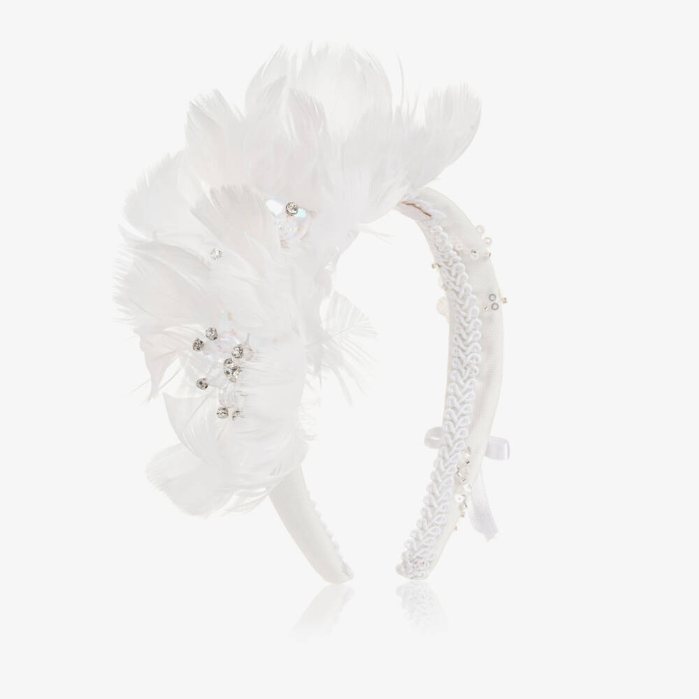 Junona-Girls White Hairband with Feather Flowers | Childrensalon