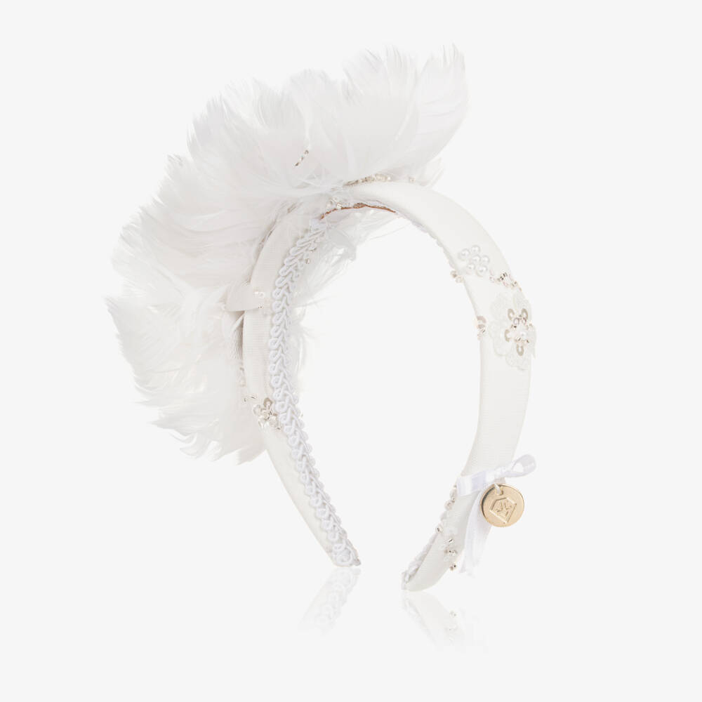 Junona-Girls White Hairband with Feather Flowers | Childrensalon