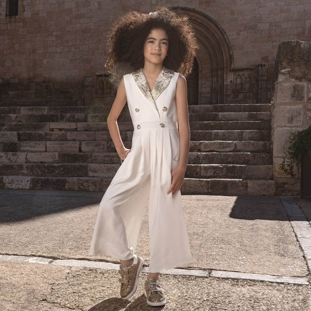 Junona-Girls White Notched Collar Jumpsuit | Childrensalon
