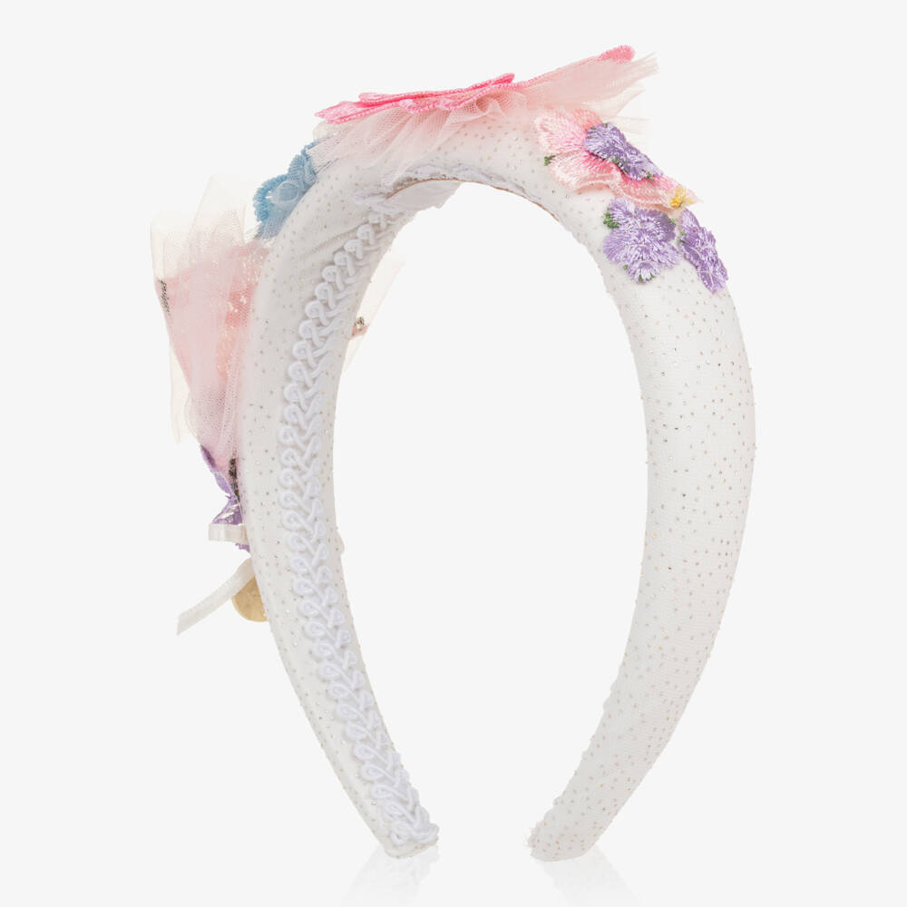 Junona-Girls White Padded Hairband with Colourful Flowers | Childrensalon