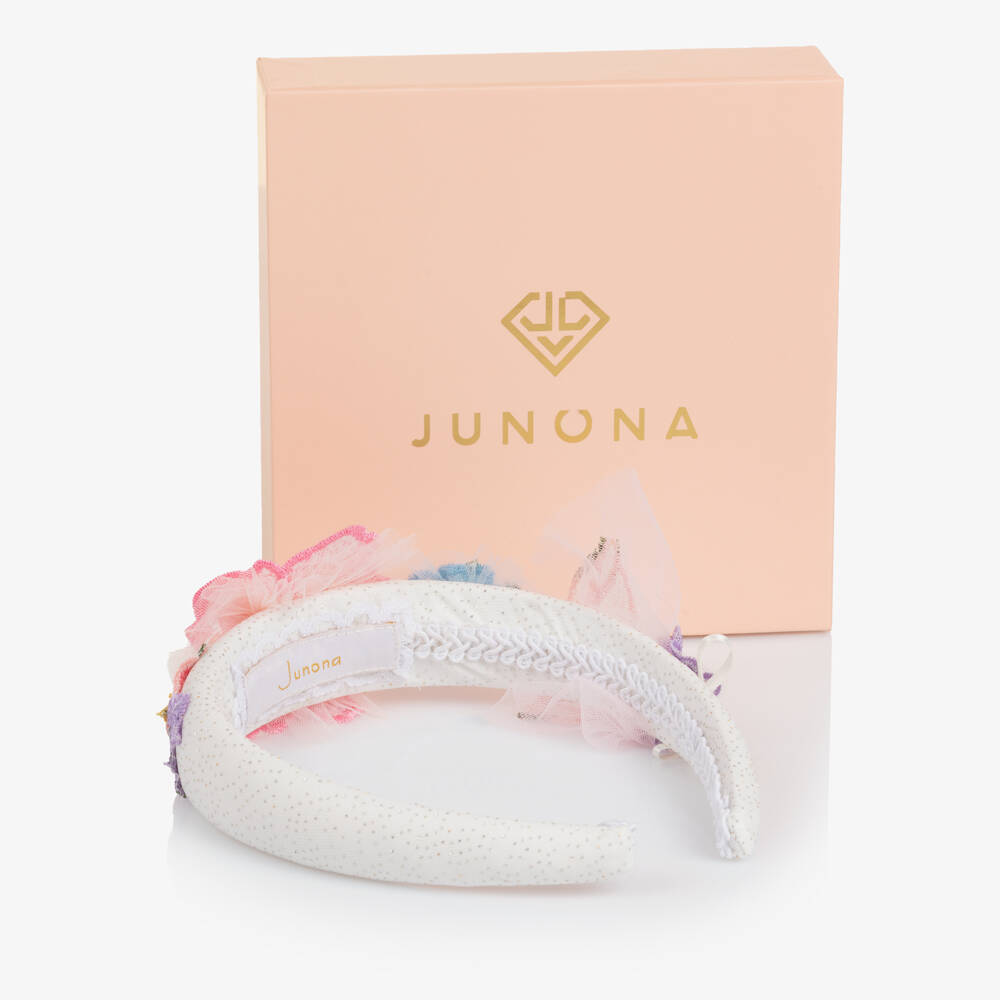Junona-Girls White Padded Hairband with Colourful Flowers | Childrensalon
