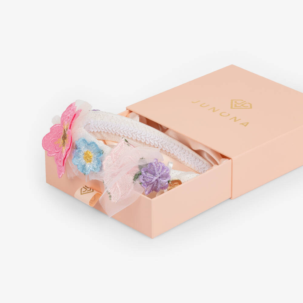 Junona-Girls White Padded Hairband with Colourful Flowers | Childrensalon