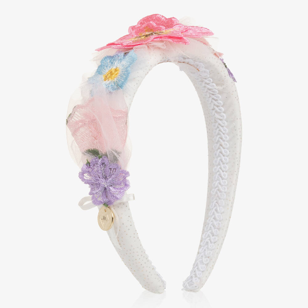 Junona-Girls White Padded Hairband with Colourful Flowers | Childrensalon