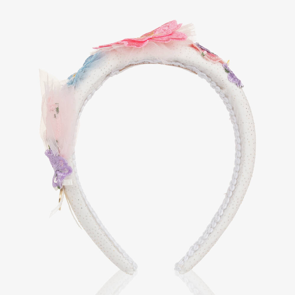 Junona-Girls White Padded Hairband with Colourful Flowers | Childrensalon