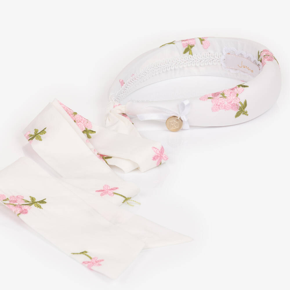 Junona-Girls White Padded Hairband with Pink Floral Embroidery | Childrensalon