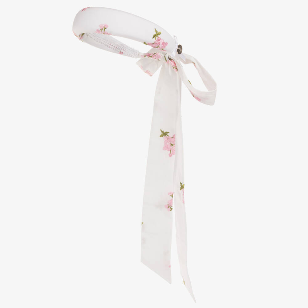 Junona-Girls White Padded Hairband with Pink Floral Embroidery | Childrensalon