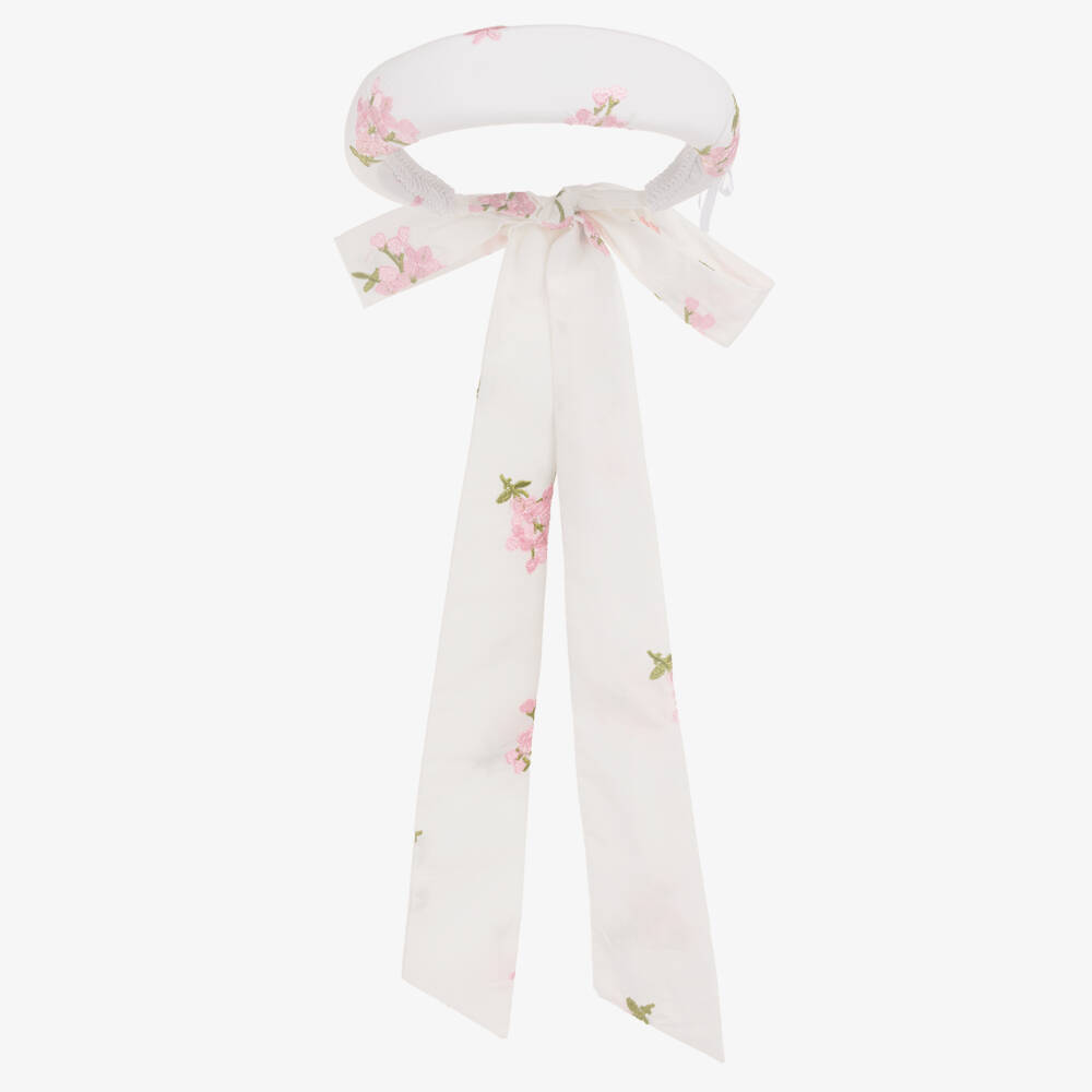 Junona-Girls White Padded Hairband with Pink Floral Embroidery | Childrensalon