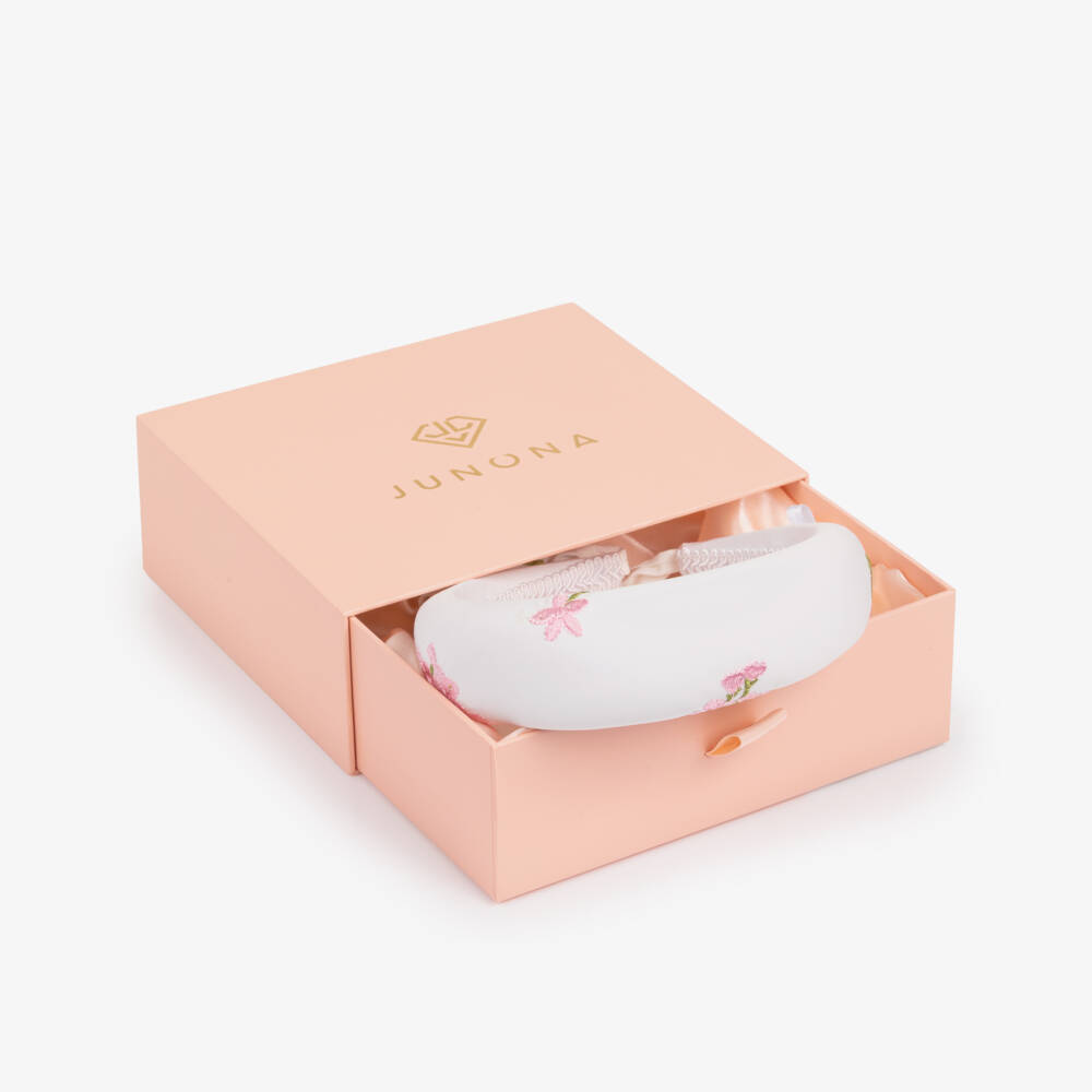Junona-Girls White Padded Hairband with Pink Floral Embroidery | Childrensalon