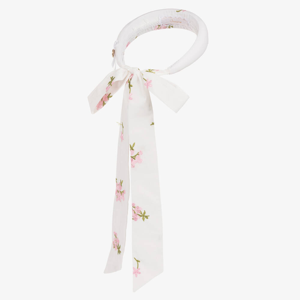 Junona-Girls White Padded Hairband with Pink Floral Embroidery | Childrensalon