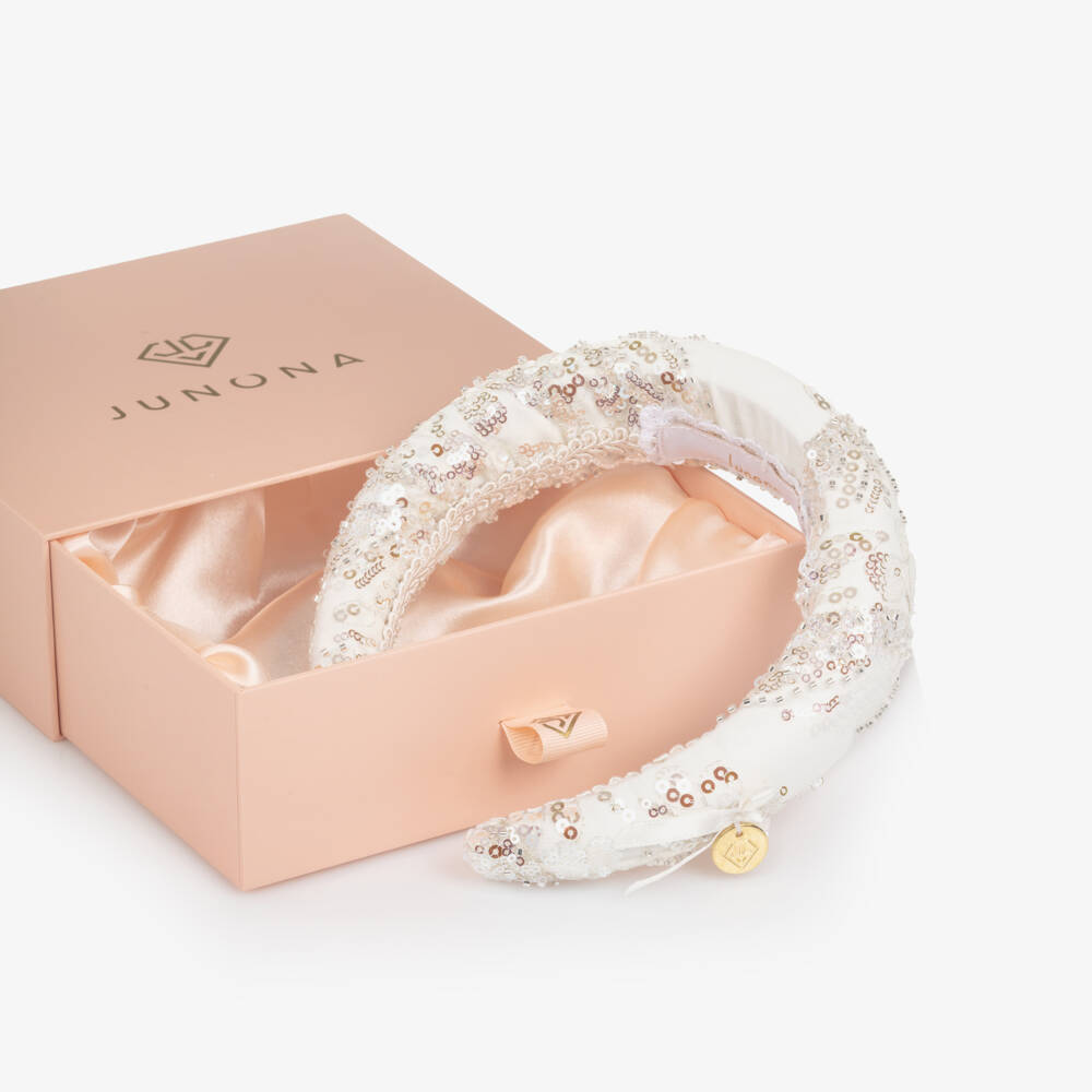 Junona-Girls White Padded Hairband with Silver Sequins | Childrensalon