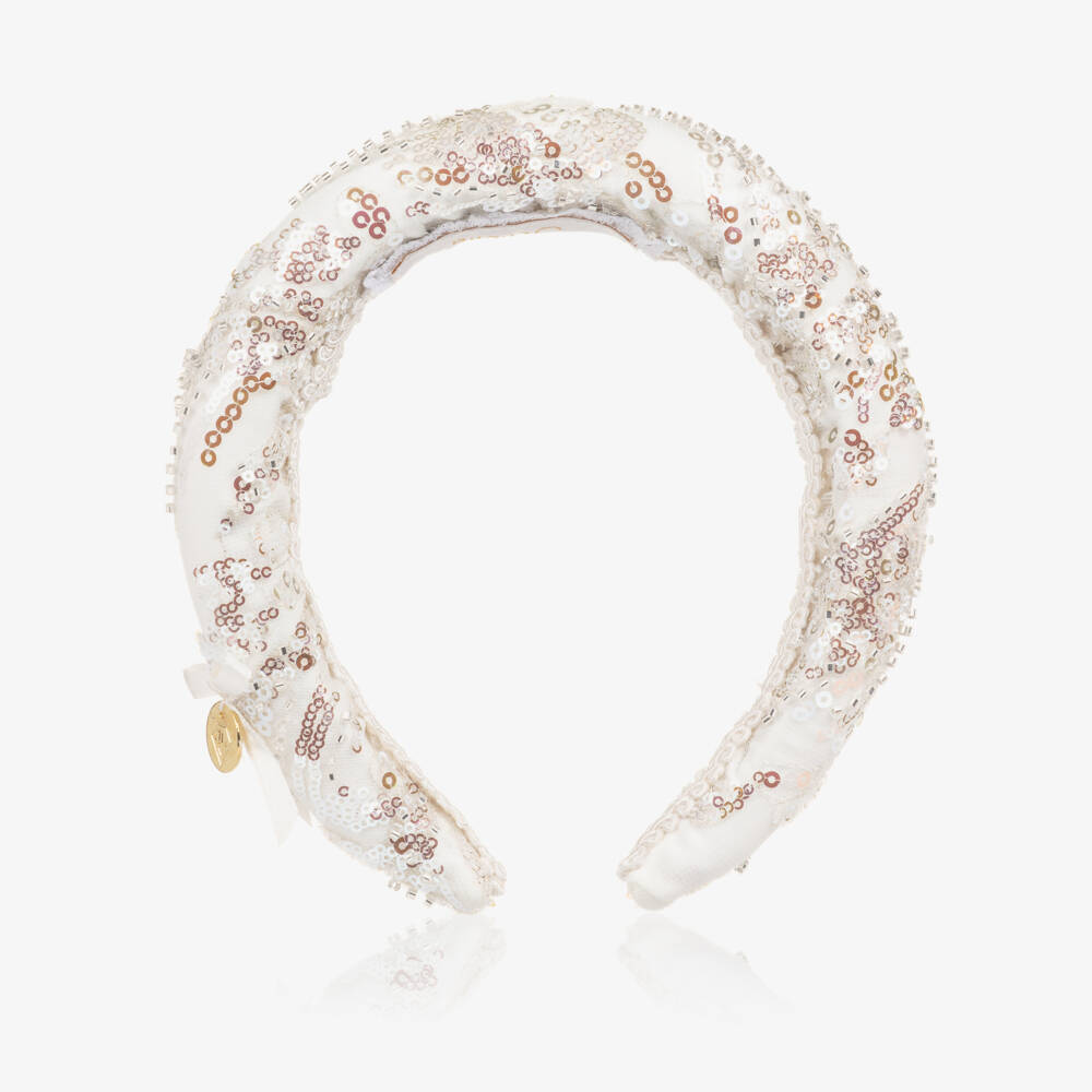 Junona-Girls White Padded Hairband with Silver Sequins | Childrensalon