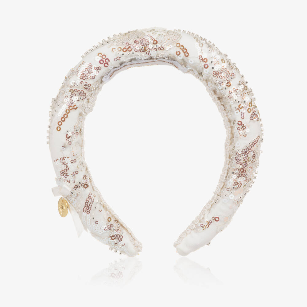 Junona-Girls White Padded Hairband with Silver Sequins | Childrensalon