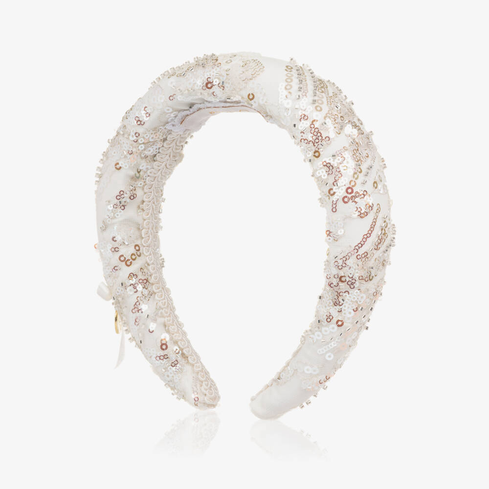 Junona-Girls White Padded Hairband with Silver Sequins | Childrensalon
