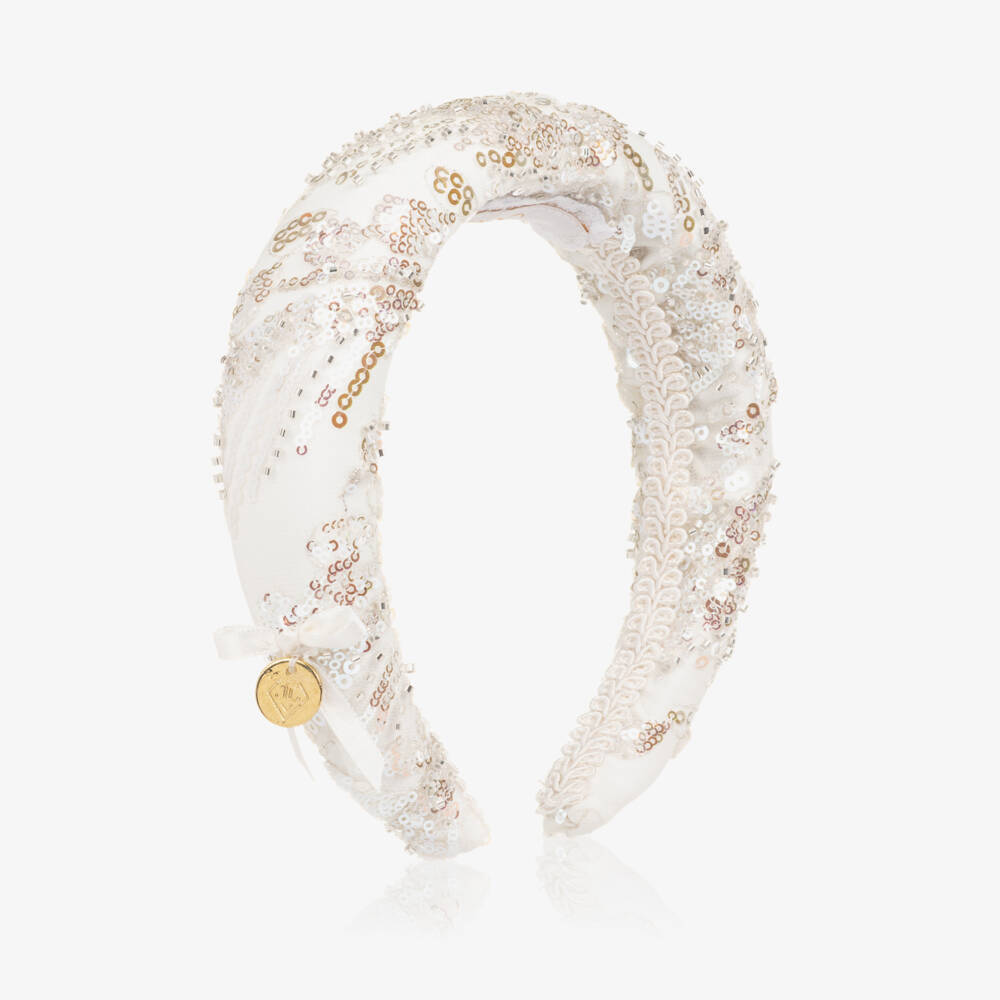 Junona-Girls White Padded Hairband with Silver Sequins | Childrensalon