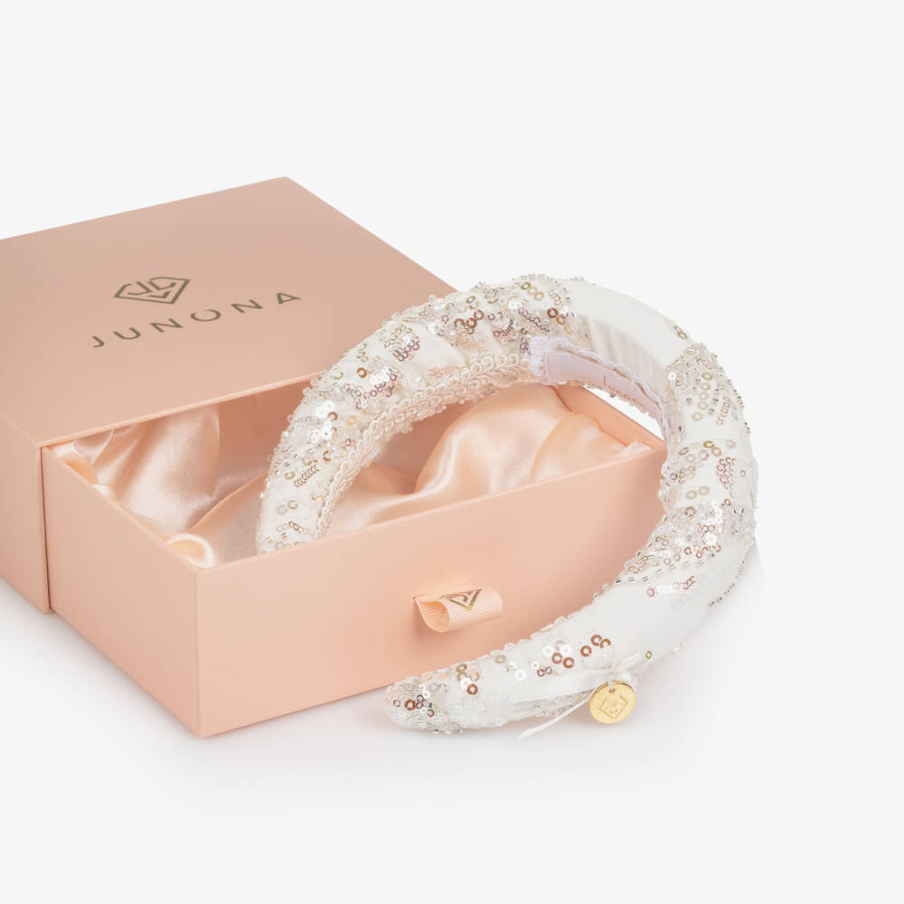 Junona-Girls White Padded Hairband with Silver Sequins | Childrensalon