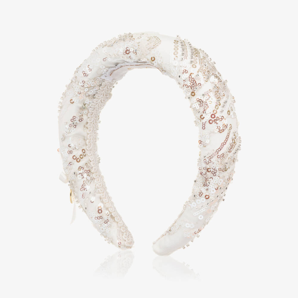 Junona-Girls White Padded Hairband with Silver Sequins | Childrensalon