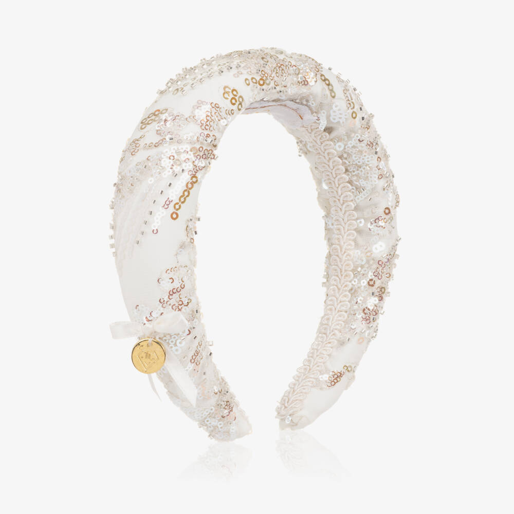 Junona-Girls White Padded Hairband with Silver Sequins | Childrensalon