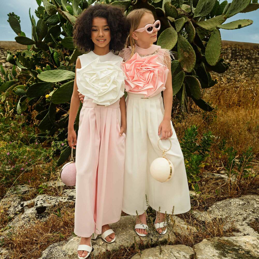 Junona-Girls White & Pink Flower Jumpsuit | Childrensalon