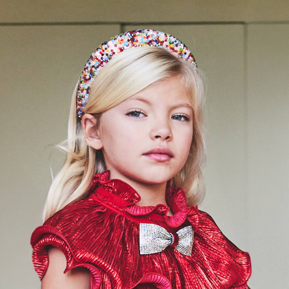 Junona-Girls White Satin Hairband Encrusted with Colourful Beads | Childrensalon