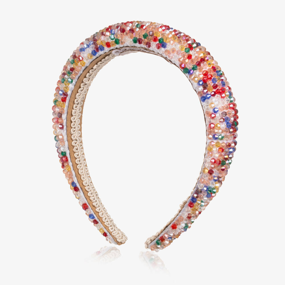 Junona-Girls White Satin Hairband Encrusted with Colourful Beads | Childrensalon