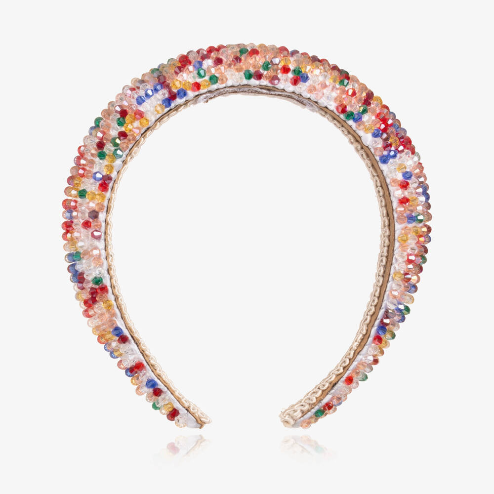 Junona-Girls White Satin Hairband Encrusted with Colourful Beads | Childrensalon