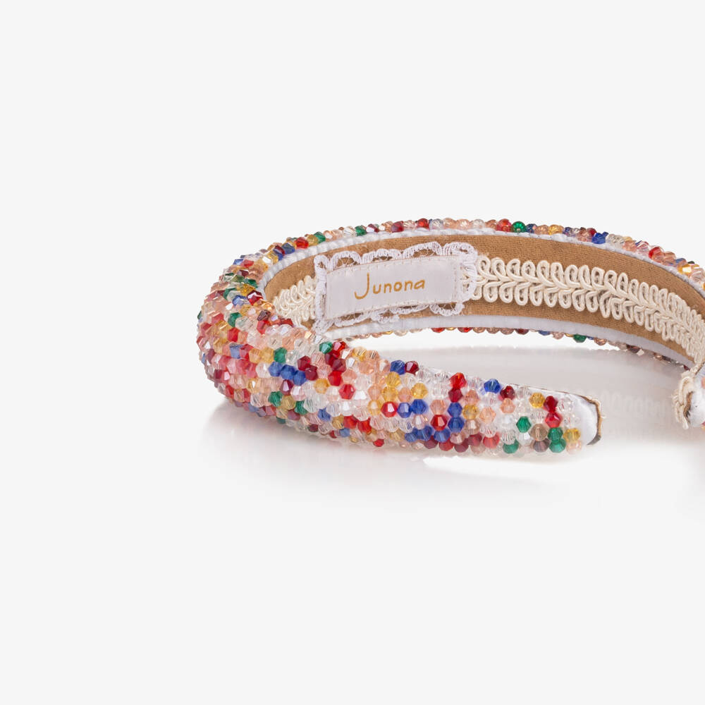 Junona-Girls White Satin Hairband Encrusted with Colourful Beads | Childrensalon