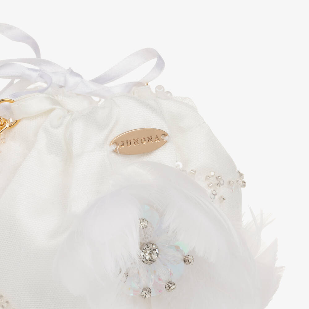 Junona-Girls White Sequinned Tulle & Feather Bag (12cm) | Childrensalon