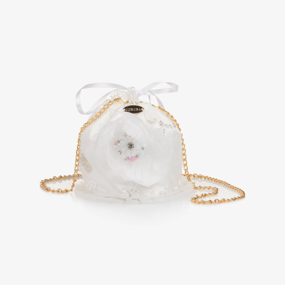 Junona-Girls White Sequinned Tulle & Feather Bag (12cm) | Childrensalon