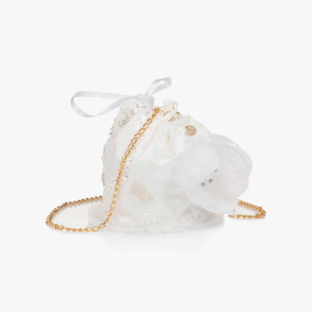 Junona-Girls White Sequinned Tulle & Feather Bag (12cm) | Childrensalon