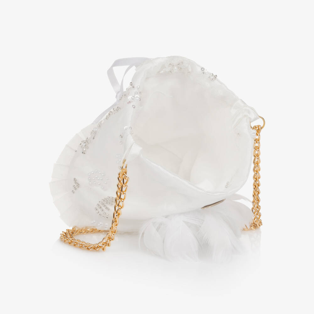 Junona-Girls White Sequinned Tulle & Feather Bag (12cm) | Childrensalon
